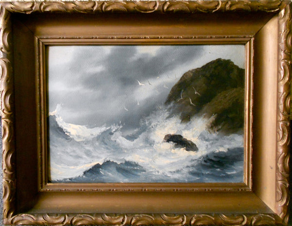 Alfred Thompson Original 19thC Antique American Maryland East Coast Marine Fine Art Oil Painting Seascape with Seagulls Birds Over Rocky Waves