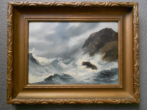 Alfred Thompson Original 19thC Antique American Maryland East Coast Marine Fine Art Oil Painting Seascape with Seagulls Birds Over Rocky Waves