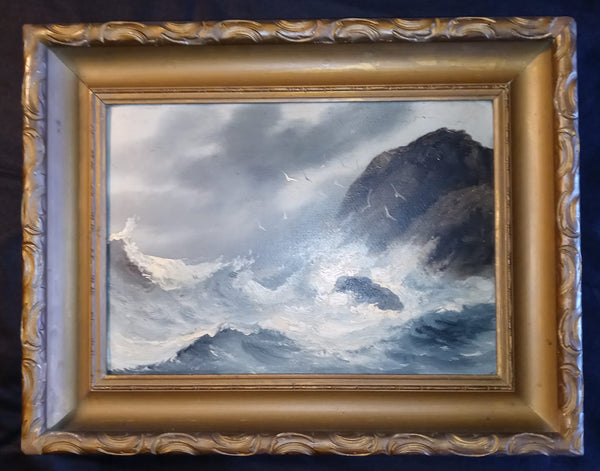 Alfred Thompson Original 19thC Antique American Maryland East Coast Marine Fine Art Oil Painting Seascape with Seagulls Birds Over Rocky Waves
