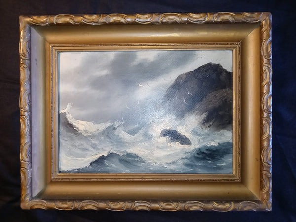 Alfred Thompson Original 19thC Antique American Maryland East Coast Marine Fine Art Oil Painting Seascape with Seagulls Birds Over Rocky Waves