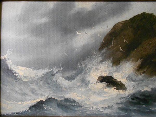 Alfred Thompson Original 19thC Antique American Maryland East Coast Marine Fine Art Oil Painting Seascape with Seagulls Birds Over Rocky Waves