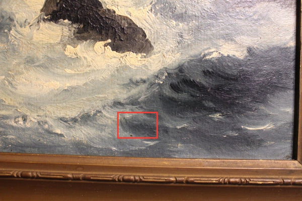 Alfred Thompson Original 19thC Antique American Maryland East Coast Marine Fine Art Oil Painting Seascape with Seagulls Birds Over Rocky Waves
