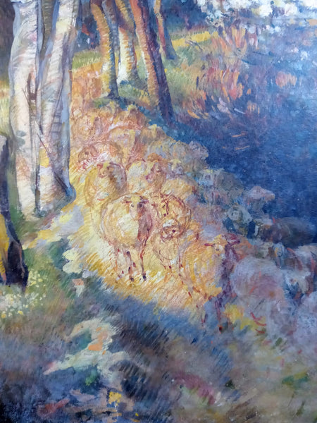 Berthe Morisot Original Antique 19th Century French Impressionist Sanguine Mixed Media Oil Painting Forest Landscape Sheep