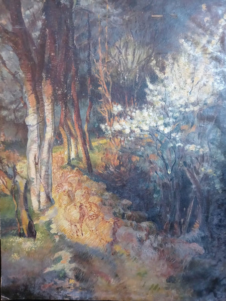 Berthe Morisot Original Antique 19th Century French Impressionist Sanguine Mixed Media Oil Painting Forest Landscape Sheep