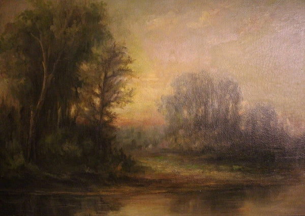 Alexander Helwig Wyant Original Antique American Tonalism Sunset Landscape Oil Painting Woodland River Dusk