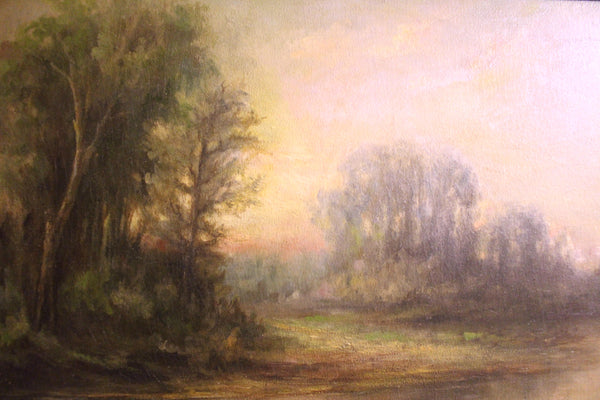 Alexander Helwig Wyant Original Antique American Tonalism Sunset Landscape Oil Painting Woodland River Dusk