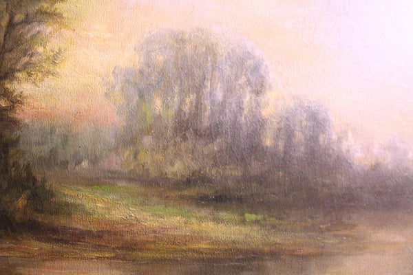 Alexander Helwig Wyant Original Antique American Tonalism Sunset Landscape Oil Painting Woodland River Dusk