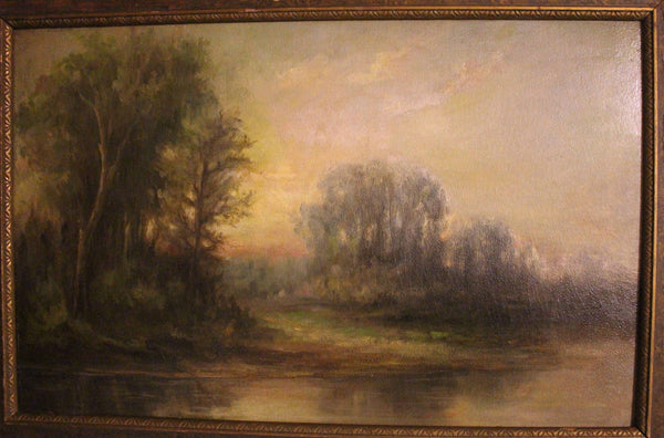 Alexander Helwig Wyant Original Antique American Tonalism Sunset Landscape Oil Painting Woodland River Dusk
