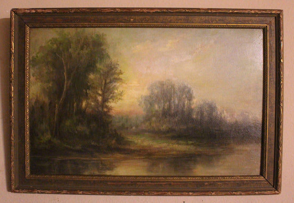 Alexander Helwig Wyant Original Antique American Tonalism Sunset Landscape Oil Painting Woodland River Dusk