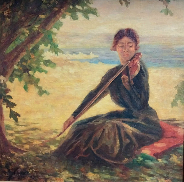 Karl Albert Buehr Original Antique American Giverny Colony Impressionist Violinist in Pastoral California Landscape Oil Painting