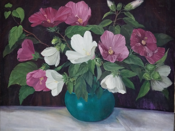 Jane Peterson Original Vintage American Impressionism Expressionist Still Life Oil Painting Hibiscus Flowers