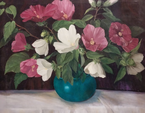Jane Peterson Original Vintage American Impressionism Expressionist Still Life Oil Painting Hibiscus Flowers
