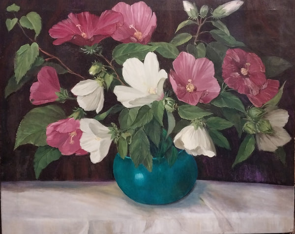 Jane Peterson Original Vintage American Impressionism Expressionist Still Life Oil Painting Hibiscus Flowers