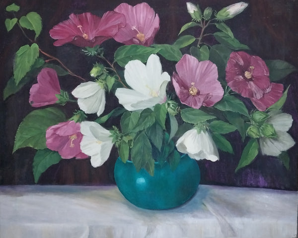 Jane Peterson Original Vintage American Impressionism Expressionist Still Life Oil Painting Hibiscus Flowers