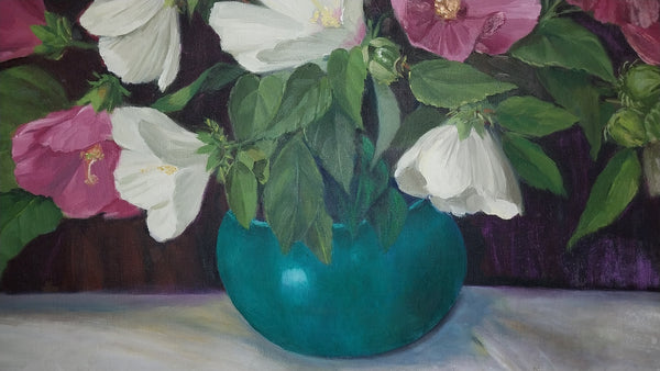 Jane Peterson Original Vintage American Impressionism Expressionist Still Life Oil Painting Hibiscus Flowers