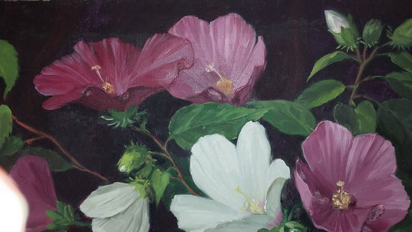 Jane Peterson Original Vintage American Impressionism Expressionist Still Life Oil Painting Hibiscus Flowers