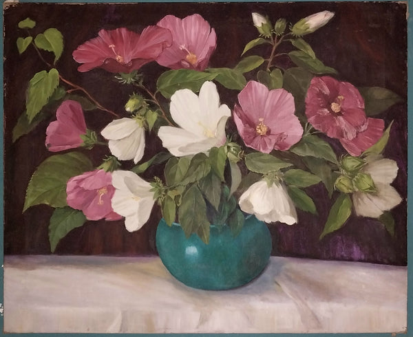 Jane Peterson Original Vintage American Impressionism Expressionist Still Life Oil Painting Hibiscus Flowers