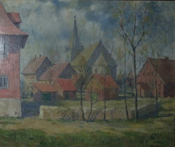 Jane Peterson Original Vintage Antique American Impressionist French Rural Village Landscape Oil Painting