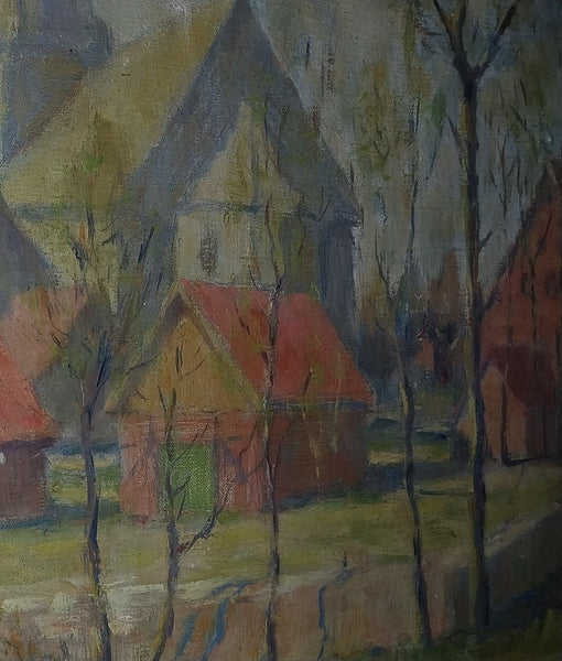Jane Peterson Original Vintage Antique American Impressionist French Rural Village Landscape Oil Painting