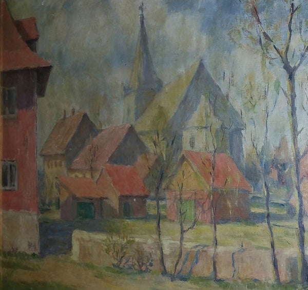 Jane Peterson Original Vintage Antique American Impressionist French Rural Village Landscape Oil Painting