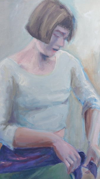 Elmer Nelson Bischoff SF Bay Area Figrative Portrait of a Woman Adjusting Scarf Belt Lg Original Vintage Oil Painting