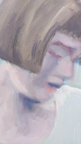 Elmer Nelson Bischoff SF Bay Area Figrative Portrait of a Woman Adjusting Scarf Belt Lg Original Vintage Oil Painting