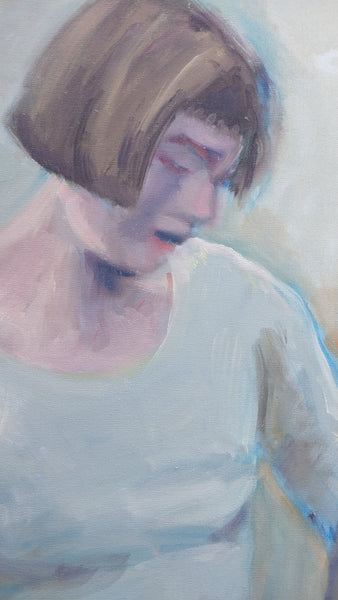 Elmer Nelson Bischoff SF Bay Area Figrative Portrait of a Woman Adjusting Scarf Belt Lg Original Vintage Oil Painting