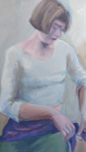 Elmer Nelson Bischoff SF Bay Area Figrative Portrait of a Woman Adjusting Scarf Belt Lg Original Vintage Oil Painting