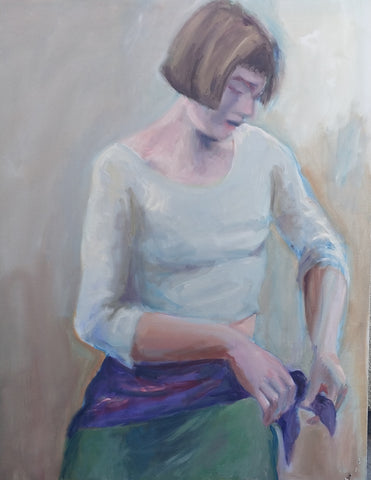Elmer Nelson Bischoff SF Bay Area Figrative Portrait of a Woman Adjusting Scarf Belt Lg Original Vintage Oil Painting