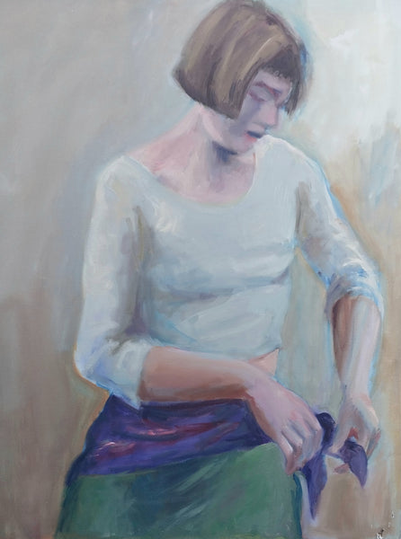 Elmer Nelson Bischoff SF Bay Area Figrative Portrait of a Woman Adjusting Scarf Belt Lg Original Vintage Oil Painting