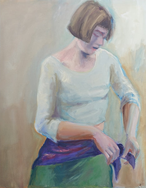 Elmer Nelson Bischoff SF Bay Area Figrative Portrait of a Woman Adjusting Scarf Belt Lg Original Vintage Oil Painting