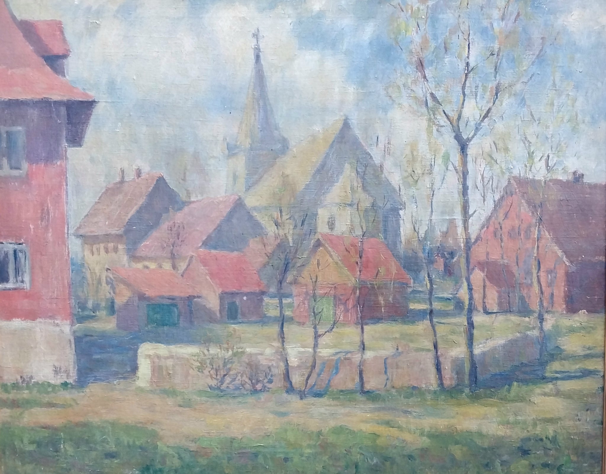 Jane Peterson Original Vintage Antique American Impressionist French Rural Village Landscape Oil Painting
