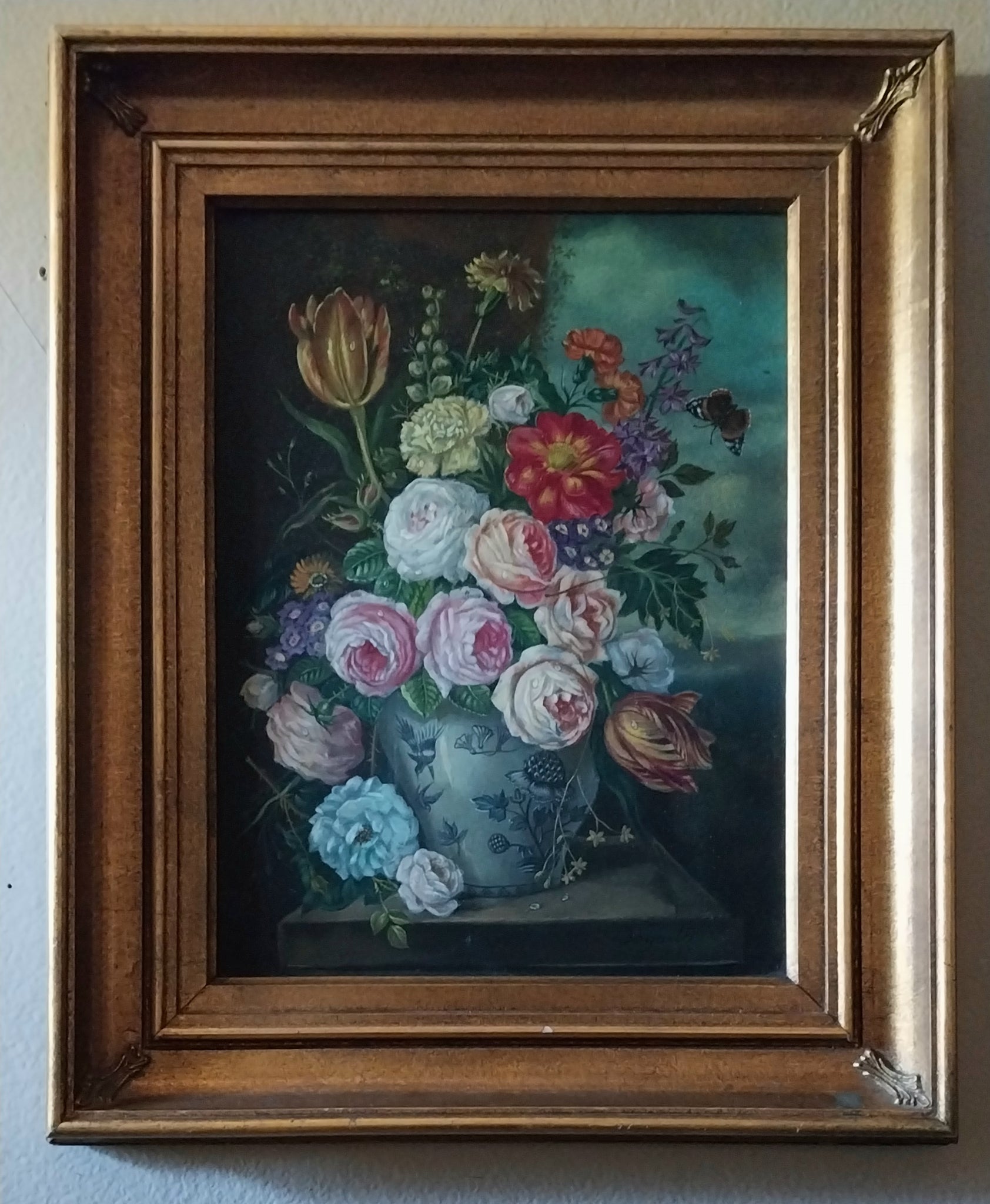 Oskar Dogarth Original Vintage Vienna Austria European Traditional Floral Still Life Oil Painting with Monarch Butterfly