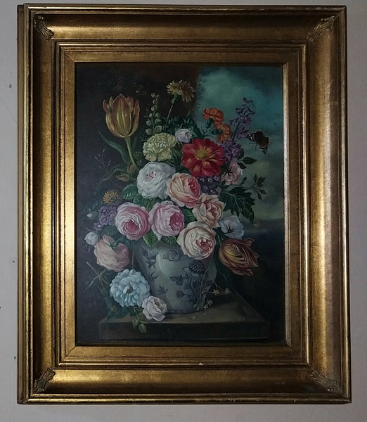 Oskar Dogarth Original Vintage Vienna Austria European Traditional Floral Still Life Oil Painting with Monarch Butterfly