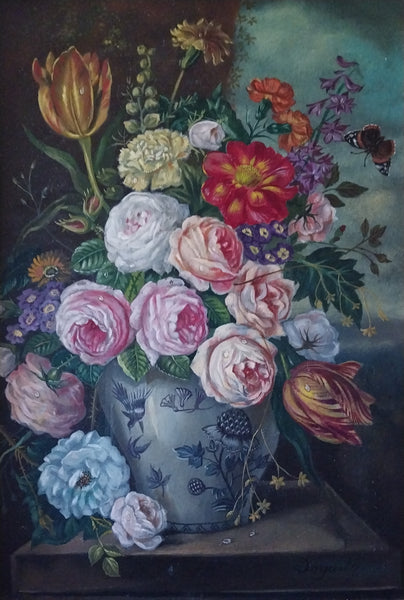 Oskar Dogarth Original Vintage Vienna Austria European Traditional Floral Still Life Oil Painting with Monarch Butterfly