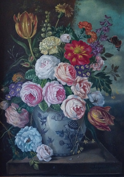 Oskar Dogarth Original Vintage Vienna Austria European Traditional Floral Still Life Oil Painting with Monarch Butterfly