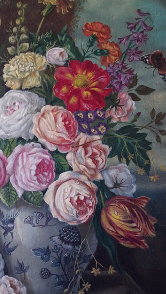 Oskar Dogarth Original Vintage Vienna Austria European Traditional Floral Still Life Oil Painting with Monarch Butterfly