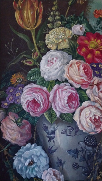 Oskar Dogarth Original Vintage Vienna Austria European Traditional Floral Still Life Oil Painting with Monarch Butterfly