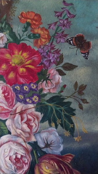 Oskar Dogarth Original Vintage Vienna Austria European Traditional Floral Still Life Oil Painting with Monarch Butterfly