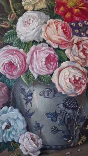 Oskar Dogarth Original Vintage Vienna Austria European Traditional Floral Still Life Oil Painting with Monarch Butterfly