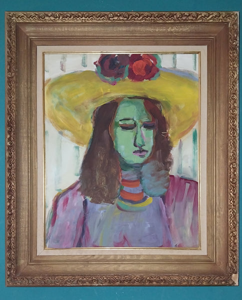 Elmer Nelson Bischoff SF CA Bay Area Figurative Portrait Woman in a Yellow Hat Original Vintage Oil Painting