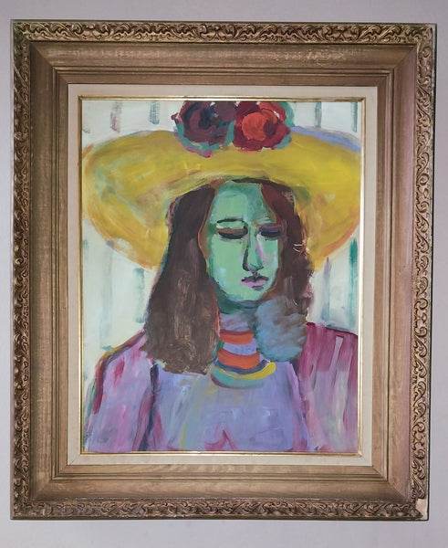 Elmer Nelson Bischoff SF CA Bay Area Figurative Portrait Woman in a Yellow Hat Original Vintage Oil Painting