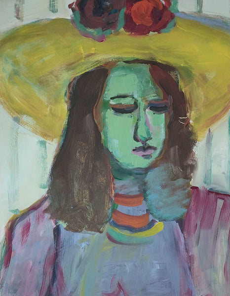 Elmer Nelson Bischoff SF CA Bay Area Figurative Portrait Woman in a Yellow Hat Original Vintage Oil Painting