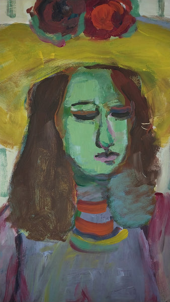 Elmer Nelson Bischoff SF CA Bay Area Figurative Portrait Woman in a Yellow Hat Original Vintage Oil Painting