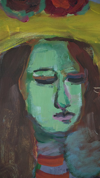 Elmer Nelson Bischoff SF CA Bay Area Figurative Portrait Woman in a Yellow Hat Original Vintage Oil Painting