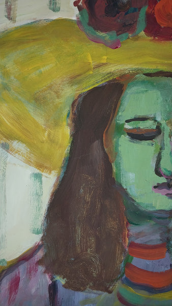 Elmer Nelson Bischoff SF CA Bay Area Figurative Portrait Woman in a Yellow Hat Original Vintage Oil Painting