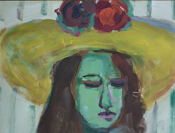 Elmer Nelson Bischoff SF CA Bay Area Figurative Portrait Woman in a Yellow Hat Original Vintage Oil Painting