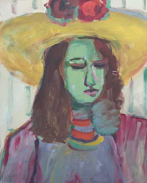 Elmer Nelson Bischoff SF CA Bay Area Figurative Portrait Woman in a Yellow Hat Original Vintage Oil Painting