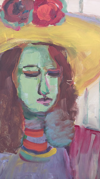 Elmer Nelson Bischoff SF CA Bay Area Figurative Portrait Woman in a Yellow Hat Original Vintage Oil Painting