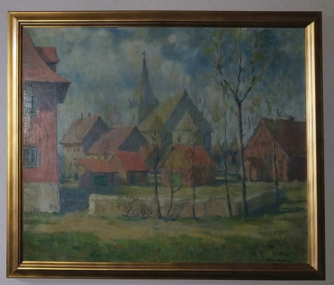 Jane Peterson Original Vintage Antique American Impressionist French Rural Village Landscape Oil Painting